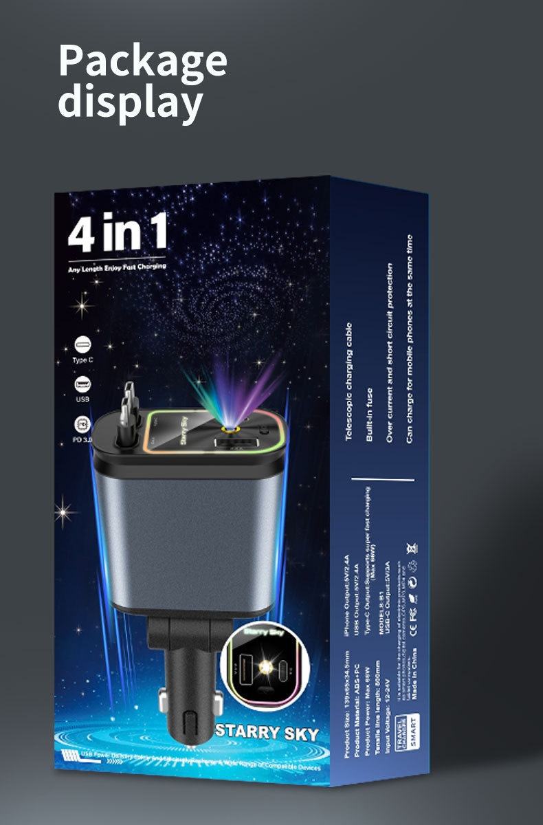 4 in 1 Retractable Smart Car Charger ( with Starlight Roof )