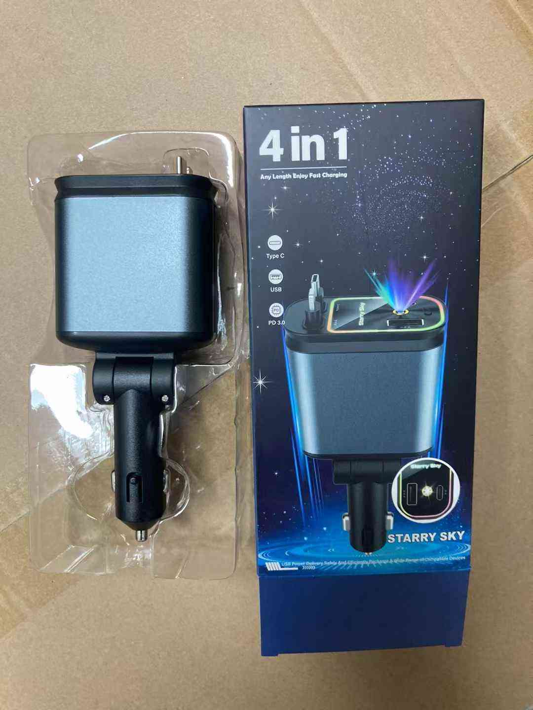4 in 1 Retractable Smart Car Charger ( with Starlight Roof )
