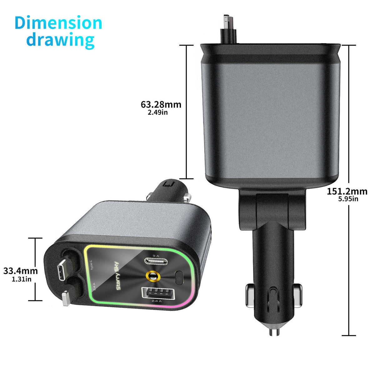 4 in 1 Retractable Smart Car Charger ( with Starlight Roof )