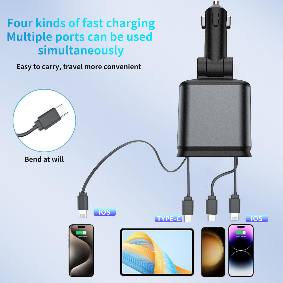 4 in 1 Retractable Smart Car Charger ( with Starlight Roof )