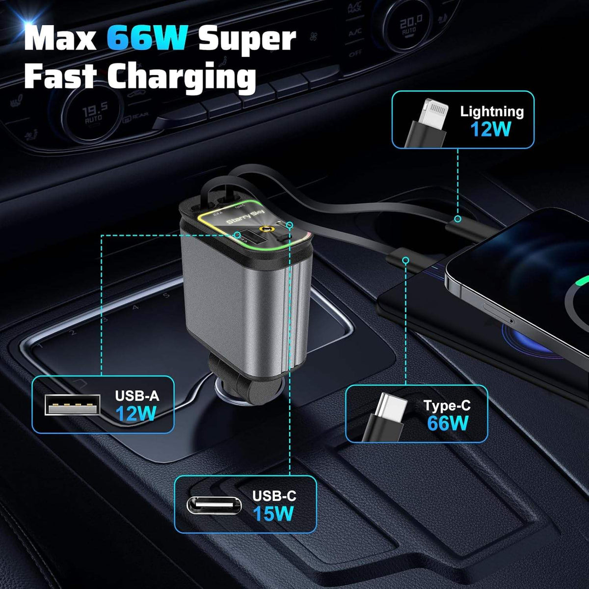 4 in 1 Retractable Smart Car Charger ( with Starlight Roof )
