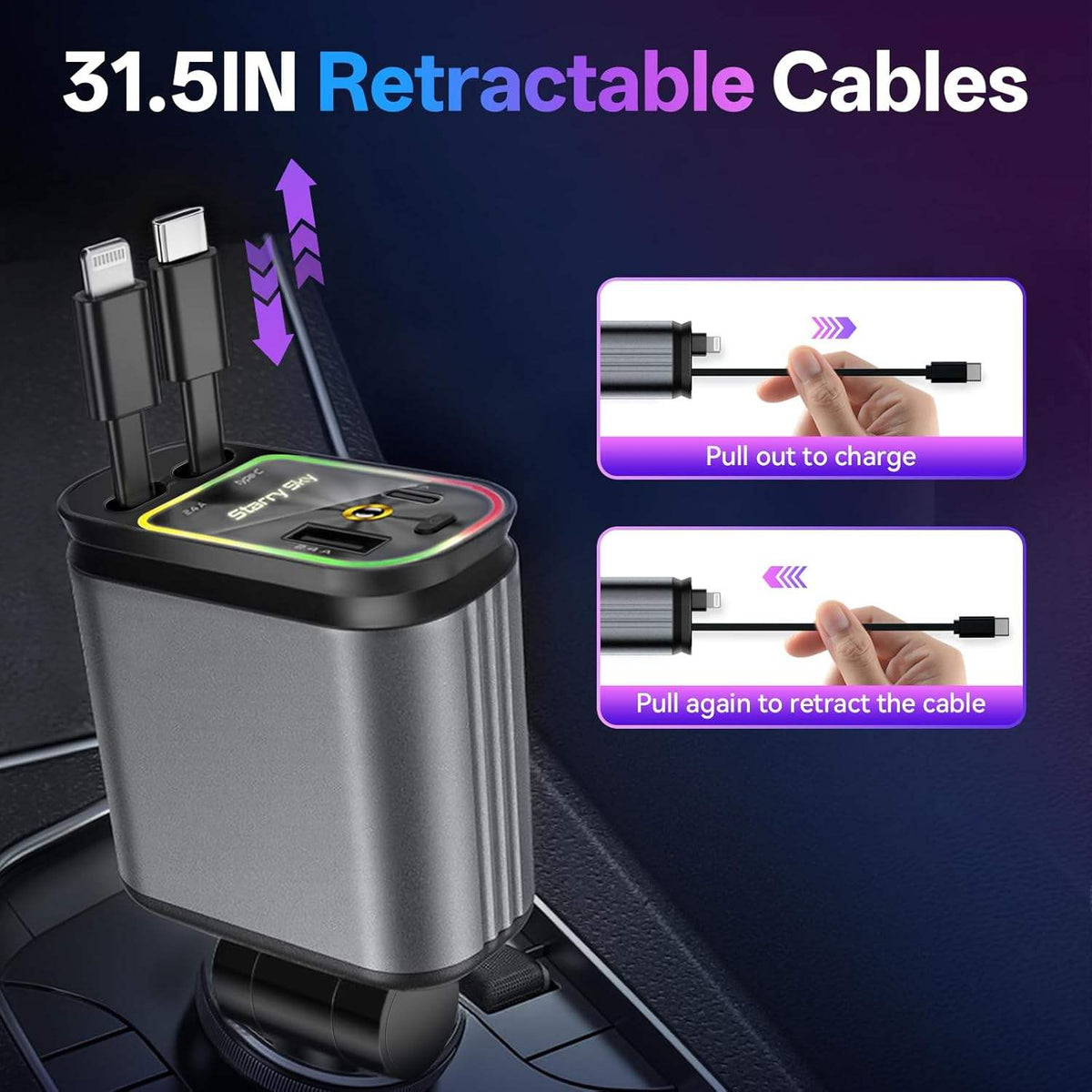 4 in 1 Retractable Smart Car Charger ( with Starlight Roof )