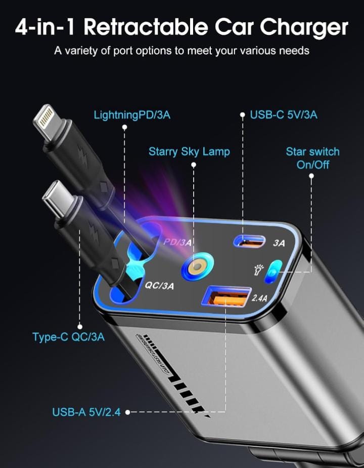 Premium Quality 4 in 1 Retractable Car Charger with Starlight Roof Light