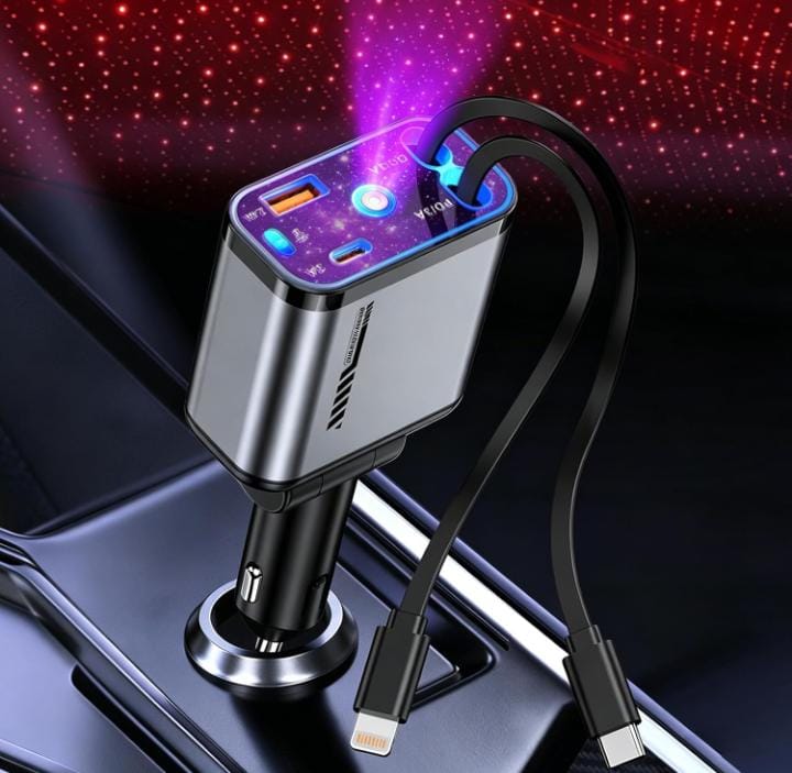 Premium Quality 4 in 1 Retractable Car Charger with Starlight Roof Light