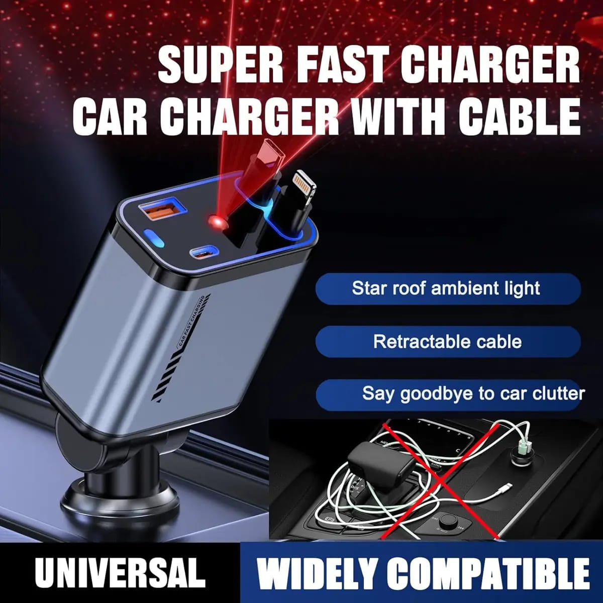 Premium Quality 4 in 1 Retractable Car Charger with Starlight Roof Light