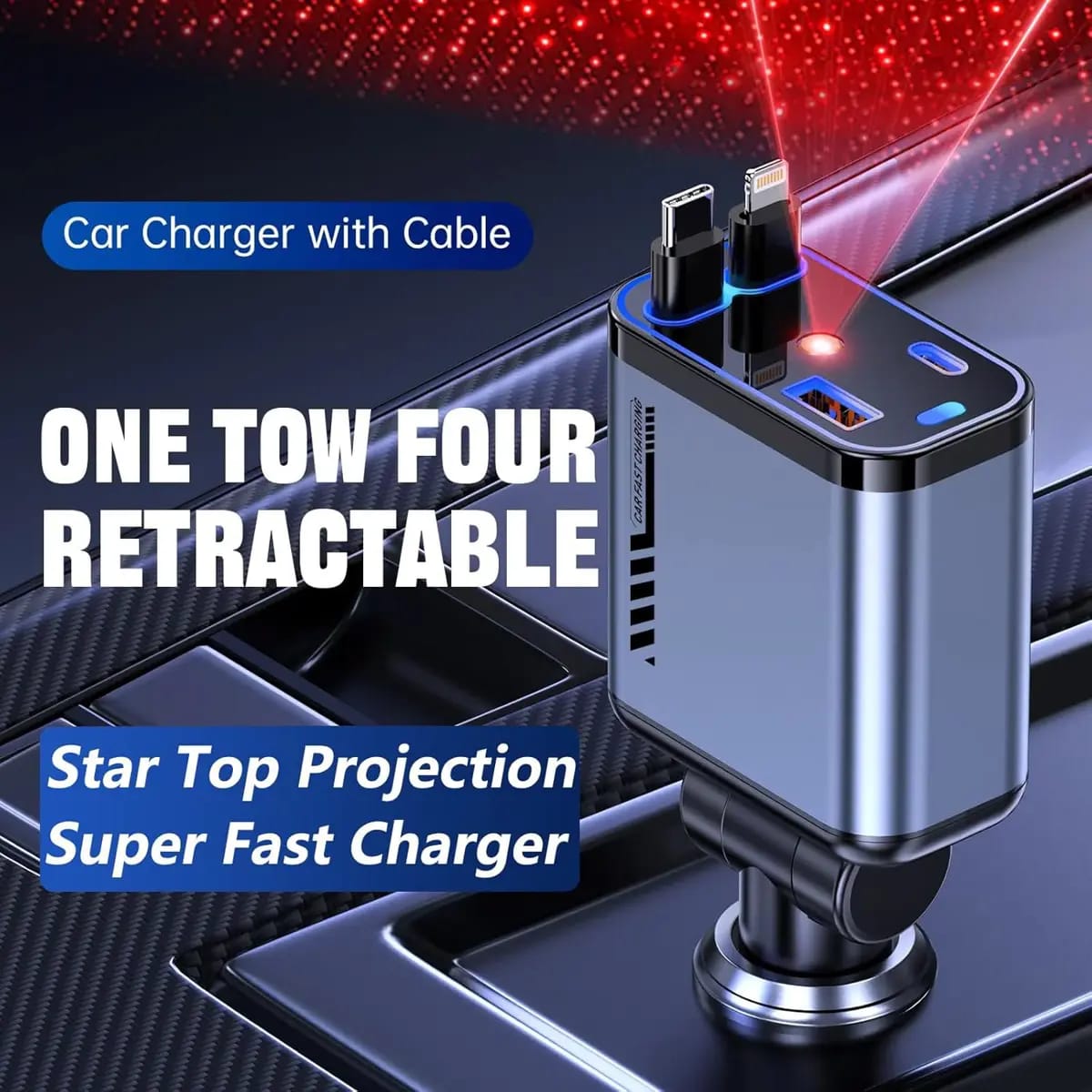 Premium Quality 4 in 1 Retractable Car Charger with Starlight Roof Light