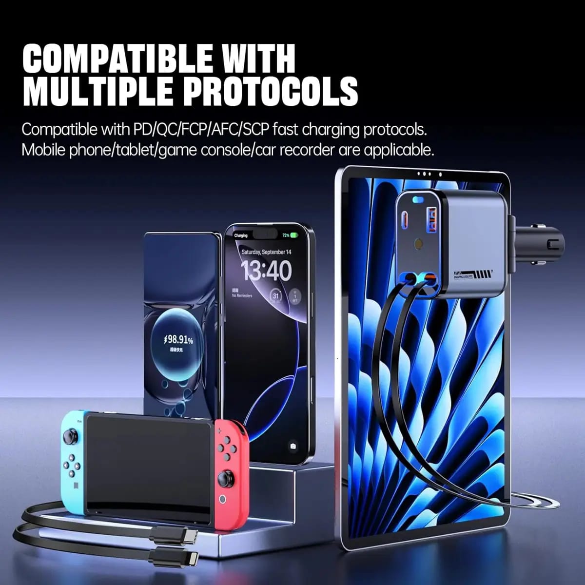 Premium Quality 4 in 1 Retractable Car Charger with Starlight Roof Light
