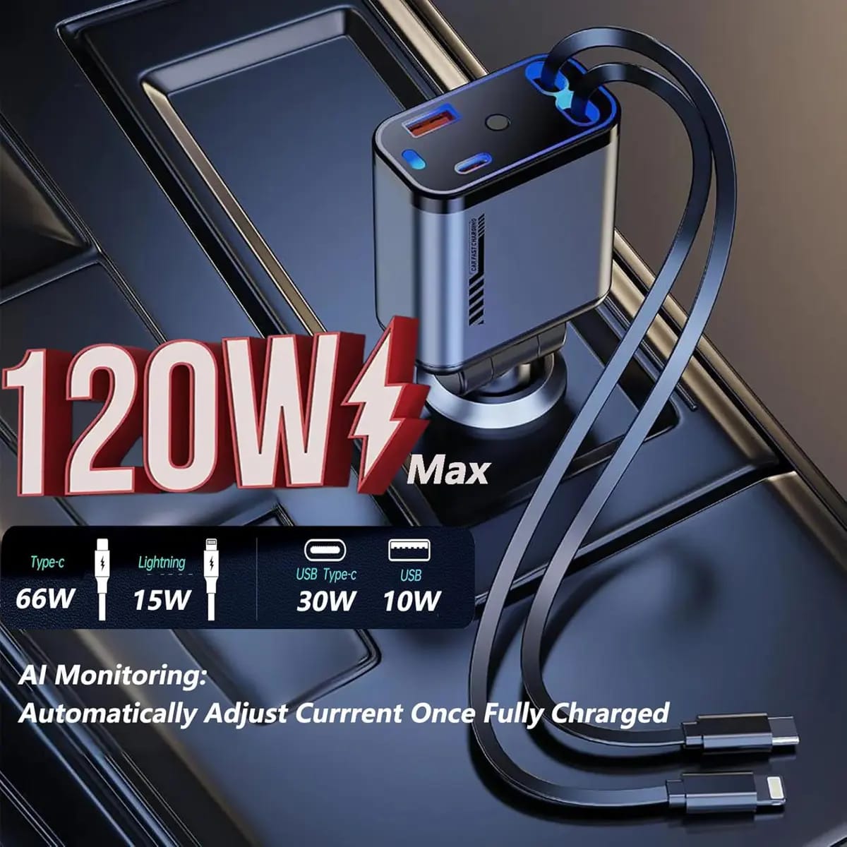 Premium Quality 4 in 1 Retractable Car Charger with Starlight Roof Light